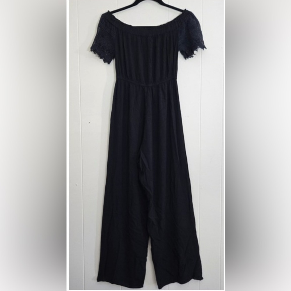 Hint of Blush Black Off Shoulder Crochet Sleeve Wide Leg Jumpsuit - Size Large - Picture 2 of 5